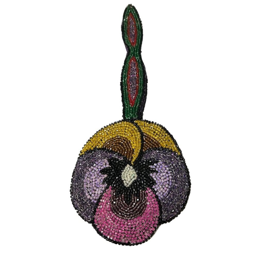 1920s Antique Figural Pansy Glass Beaded Wristlet Coin Purse